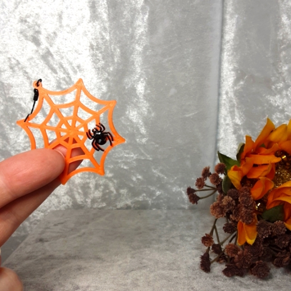 Handmade Earrings 3D Printed Spiderwebs With Crystal Beaded Spiders Orange Black - Picture 5 of 7